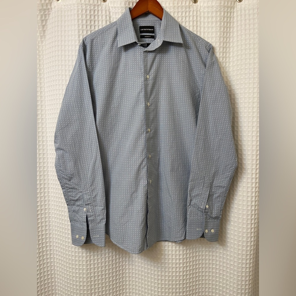 Emporio Armani Modern Fit Blue Cotton Button Up Shirt